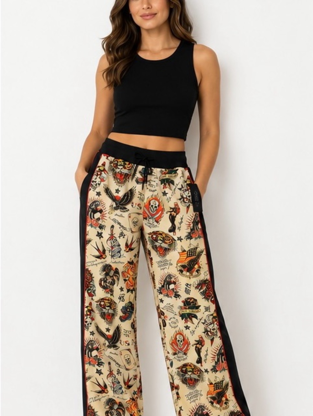 Ed Hardy Flashboard Multi Track Pants – NWT XS Tattoo Flash Wide Leg